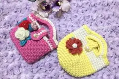 ハンドメイド お花付きミニポーチ 2品セット 毛糸