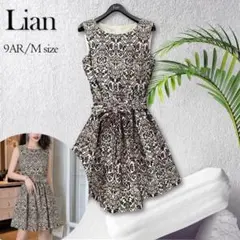 Lian ダマスク柄 リボン付 フレアワンピース M 9AR 上品 パーティのサムネイル