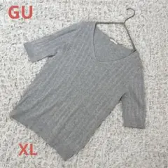 XL グレー Vネック 半袖ニット GU