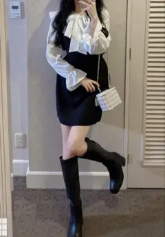 フリル付き黒白キャミワンピース