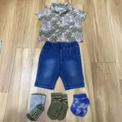 earth m&e半袖シャツ デニム柄ショートパンツ 靴下セット 80 春夏
