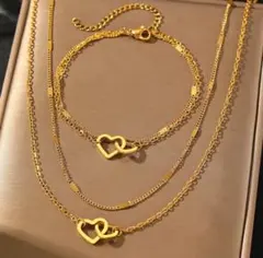ハートネックレスとブレスレット 残１ サージカルステンレス 【２セット】 金アレ