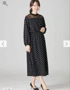 エンジェリーベ 胸元レースフリルネックワンピース S-M 水玉 ドット長袖 黒