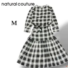 美品 naturalcouture チェックワンピース 黒 M ベルト フリル