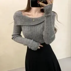 ❤️新品未使用❤️華奢見せニットレディース　トップス　グレイ　カジュアル