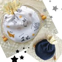 リバーシブル巾着ポーチ ねこ×花柄×デニム生地