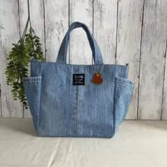 M-1 デニムリメイク　サイドポケット付きトートバッグ　ハンドメイド