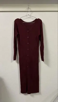 バーガンディ リブ編み ロングカーディガン　L