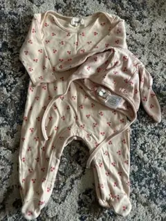 oeuf ベージュ チェリー柄 ロンパース 帽子セット