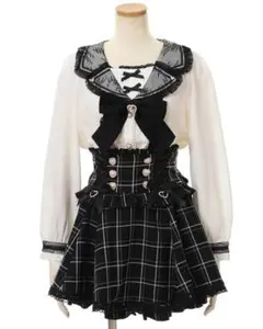 新品 チェック スカート リボン付き サロペット 外せる 量産型 地雷系_A32