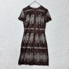 総レース 花柄 刺繍 膝丈ワンピース ブラウン シアー 重ね着 透け感 ドレス