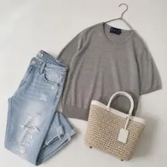 美品＊ラルフローレン シルク　半袖ニット M グレージュ　絹　クルーネックのサムネイル