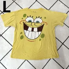 スポンジボブ ビッグプリント クルーネック 半袖 Tシャツ L 黄 アニメ