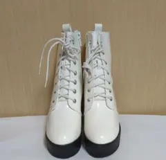 ★新品★編み上げブーツ 厚底 太ヒールブーツ ショートブーツ ホワイト24cm
