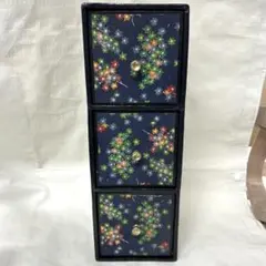 和風 3段引き出し 卓上 小物入れ 和柄 紅葉柄 ネイビー 金取っ手 昭和レトロ