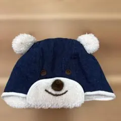ミキハウス　クマの顔デザイン ネイビー帽子 ポンポン付き