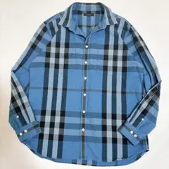 希少☆バーバリーロンドン 長袖シャツ メガチェック ロゴボタン ブルー コットン