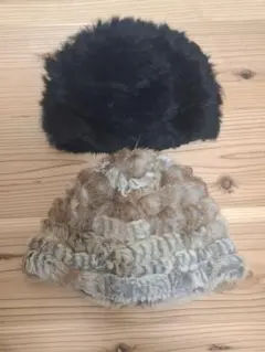 (A20)黒　ラビット　ベージュブラウン　ファー　帽子セット　冬