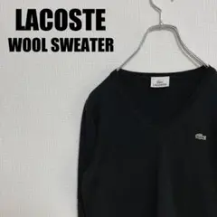 ラコステVネックウールセーター42ワンポイントLACOSTEブラック黒レディース