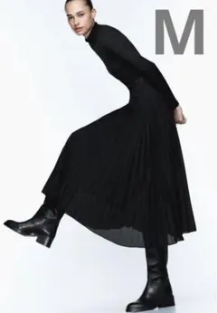 ZARA コントラストプリーツミディワンピース