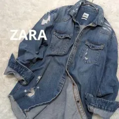 ZARA オーバーサイズ デニムシャツジャケットダメージ リラックスフィット Ｌ