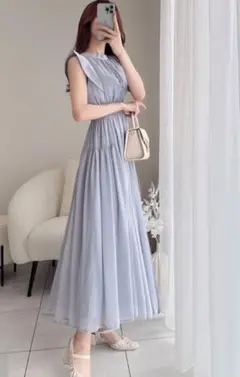 GRL 楊柳シフォンフリルフレアワンピース[k9123c] ブルー S 匿名配送