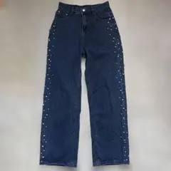 【未使用】サイドパール付き ワイドデニム ブルー