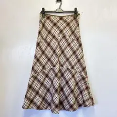 古着 ローラアシュレイ ピンク ウール素材 チェック柄 フレアスカート 9号 M