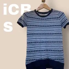 【iCB】アイシービー幾何学柄サマーニット紺S半袖上品美ラインネイビーのサムネイル