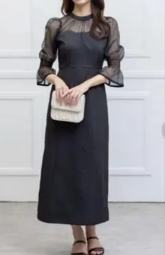 シースルー袖 ブラックロングドレス