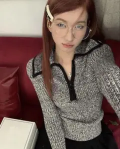 コントラストカラー ジップアップ ニットセーター