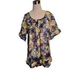 エプロン シフォン地 チュニックプルオーバー 花柄 ネイビー 22-FF