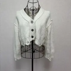 ジーナシス　長袖ニットカーディガン　ショート丈　フリーサイズ　オフホワイト