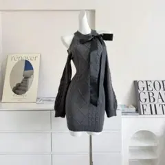 ケーブルニットリボン長袖ミニワンピース