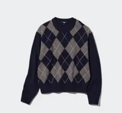 ユニクロ　プレミアムラムクルーネックセーター(長袖) ネイビー　アーガイル柄