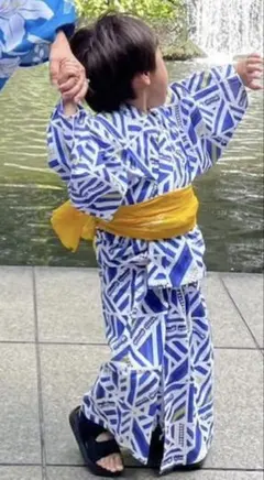 子供用浴衣 青白ストライプ 電車柄 帯セット 男の子浴衣 キッズ浴衣　boy浴衣