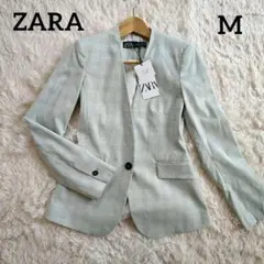 新品タグ付き✨ZARA ザラ M ジャケット チェック ノーカラー グリーン