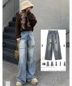 ILLIT アイリット BEB ダメージワイドデニムパンツ[cu579]