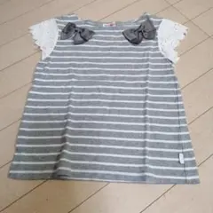 mezzopianoメゾピアノ　リボン＆レース刺繍袖ボーダーカットソー　140のサムネイル