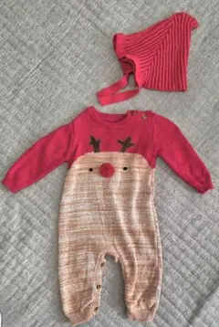 ベビー服 ロンパース クリスマス 長袖 ニットトナカイ80 帽子セット