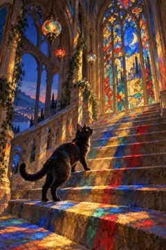 ステンドグラスの黒猫 階段アート アートポスター インテリア 絵画 壁掛け