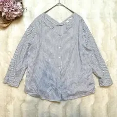 【SSO-FEEL】ノーカラー　ストライプシャツ　長袖　フリーサイズ　白　青