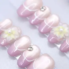 1002ネイルチップSサイズ 韓国上品フレンチ 立体フラワー マグネット　ピンク