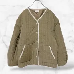 【Linoluce】2wayアウター キルティングジャケット ベスト(L)カーキ