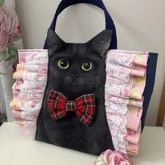 コヤンイサムチョン　ハンドメイド　トートバッグ　フリル　黒猫　デニム　フリフリ