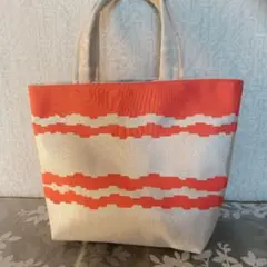 帯地リメイクのトートバッグ ピンクオレンジ&シルバー ハンドメイド