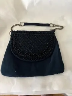 ハンドメイドネイビー ビーズ装飾 ハンドバッグ