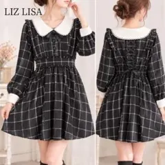 LIZ LISA リズリサ 丸襟 膝上チェックワンピース リボン 編み上げ 黒０