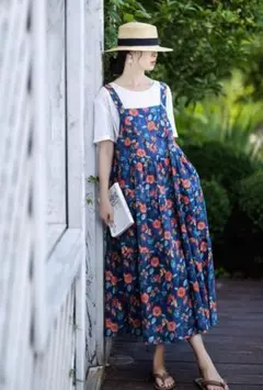 花柄ワンピース 着痩せ効果 ゆったり レトロ 綺麗め ノースリーブ ロング