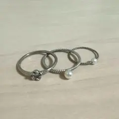 シルバー フラワーモチーフリング&パール付きリング 3個セット